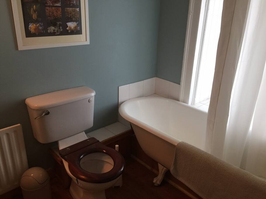 Private bathroom with shower over roll top bath and original loo seat!