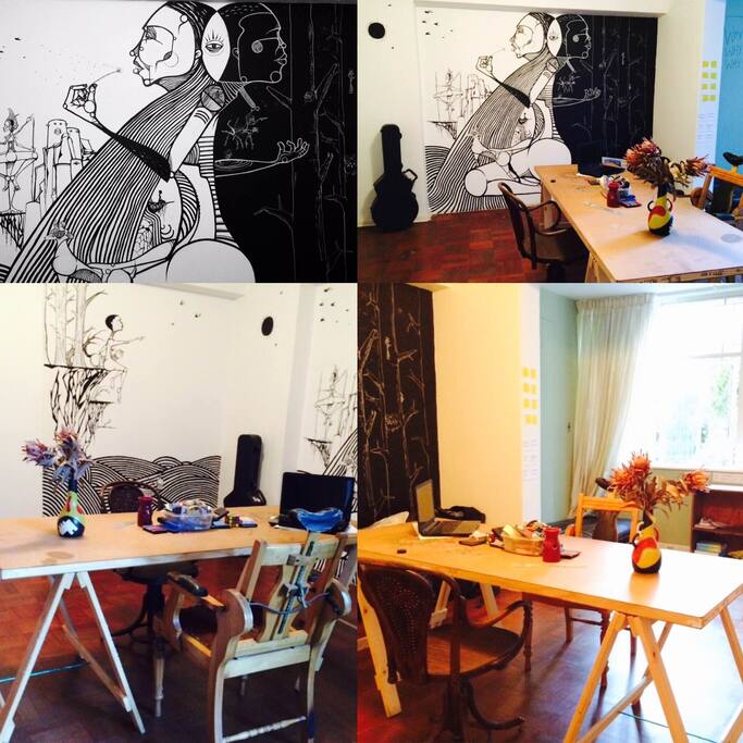 Enjoy our sunroom/workstation. WiFi included. Art is free.