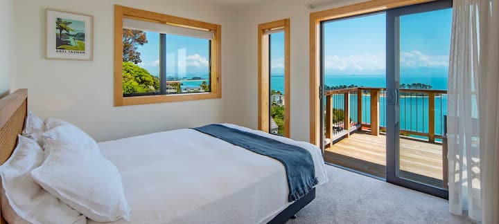 Bedroom 1 with Queen bed and Sea views
