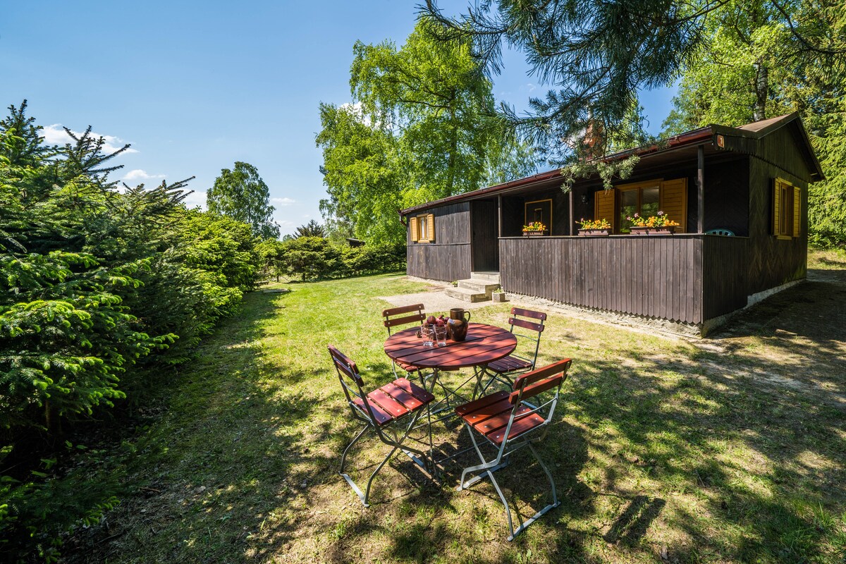 A wooden chalet is surrounded by lush greenery and features a spacious outdoor area. A circular table with metal chairs is positioned on the lawn, providing a setting for relaxation. Flower boxes adorn the windows, complementing the natural ambiance.