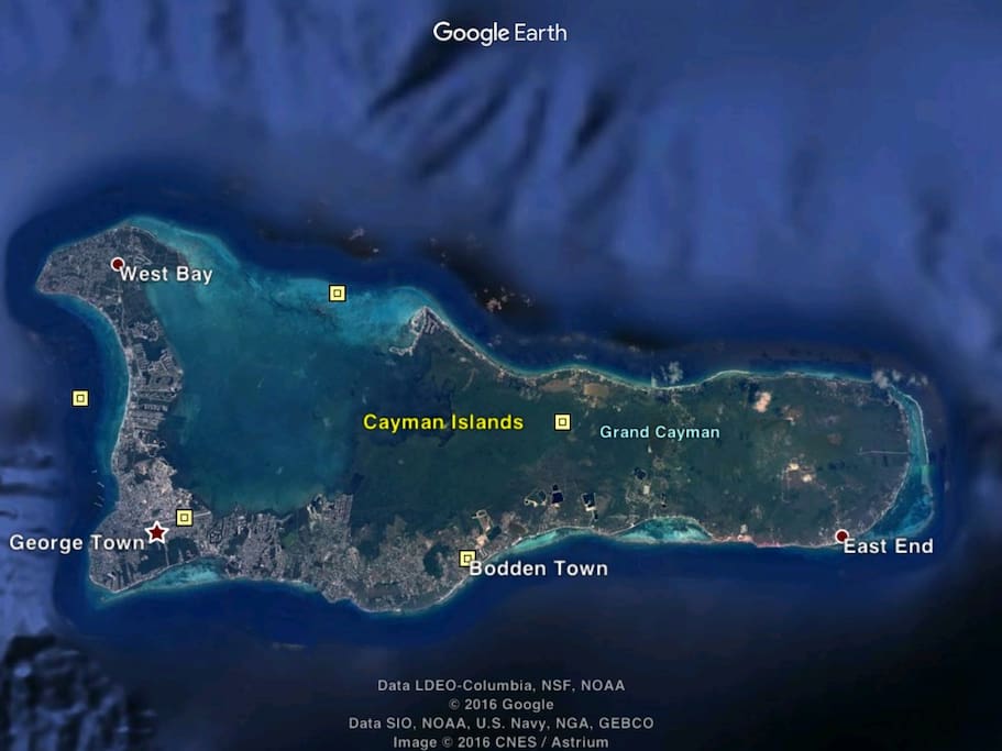 Map of island, Furn Gully on the west coast opposite Seven Mile Beach, close to town and airport.