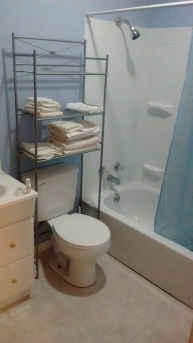 Clean new bathroom with a good amount of room.