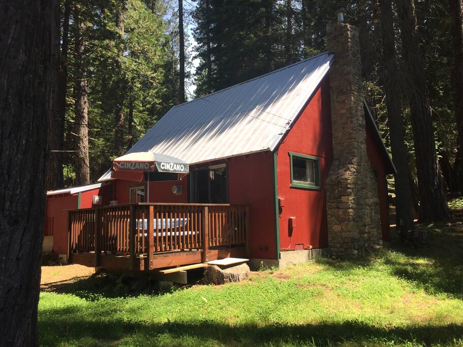 Side view of private deck. Shaded by big pines most of the day