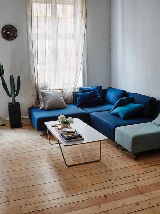 Spacious living room with dining area and sofa