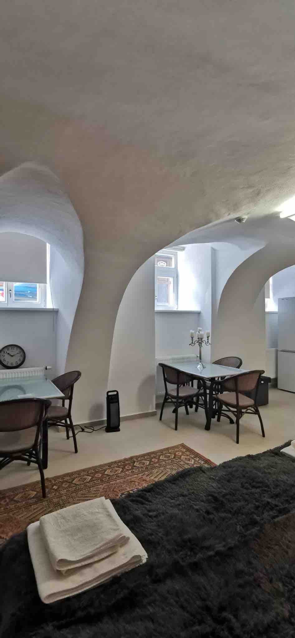 An open space features arched ceilings with a light color palette. Two dining tables with chairs are arranged, accompanied by a decorative rug on the floor. Large windows allow natural light to brighten the area, and a refrigerator is visible against the wall.