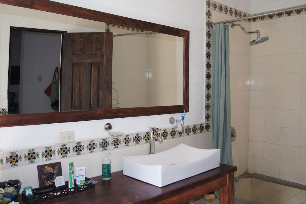 brand new bathroom with rain shower and huge mirror