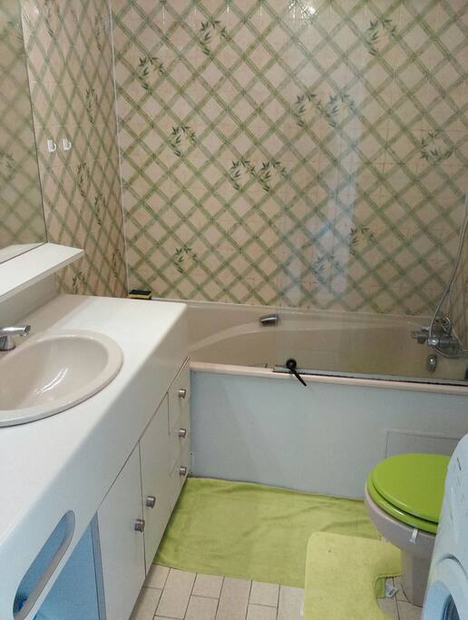 La salle de bains avec baignoire, toilettes et machine à laver