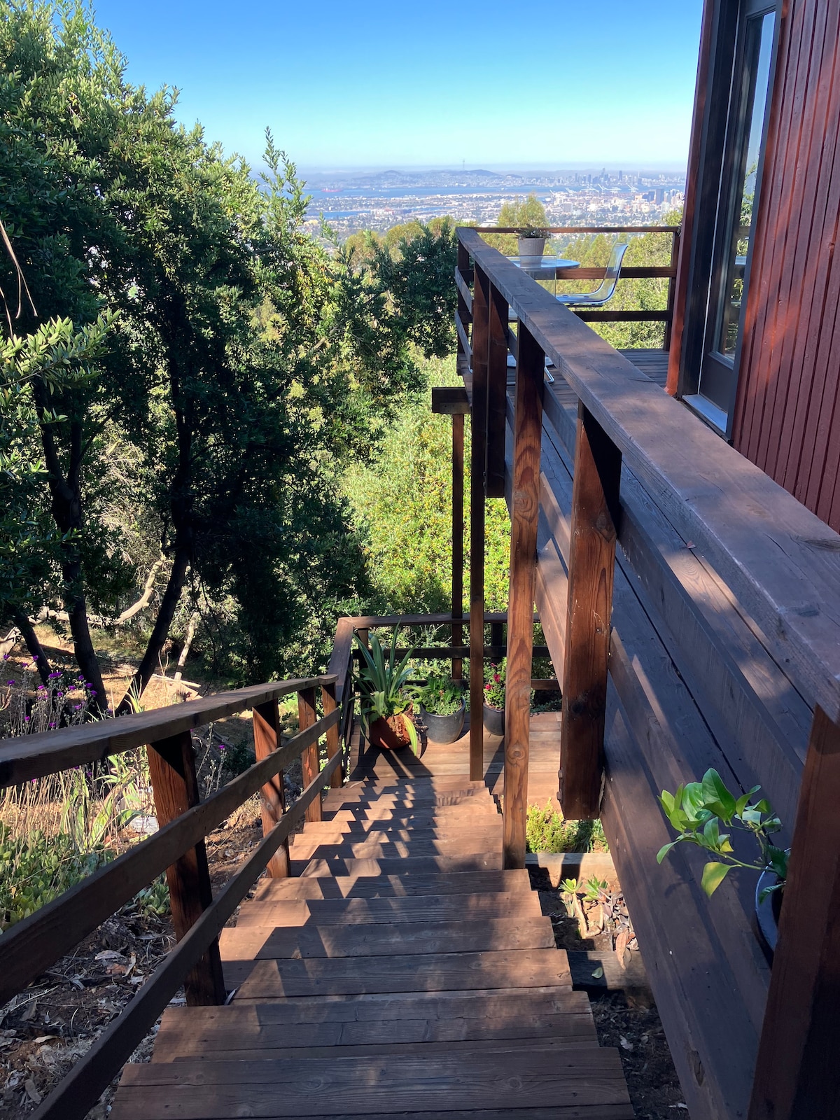 Wooden stairs lead down through lush greenery, with potted plants lining the railing. A view of the city skyline is visible in the distance, framed by trees that provide a natural backdrop to this serene descent.