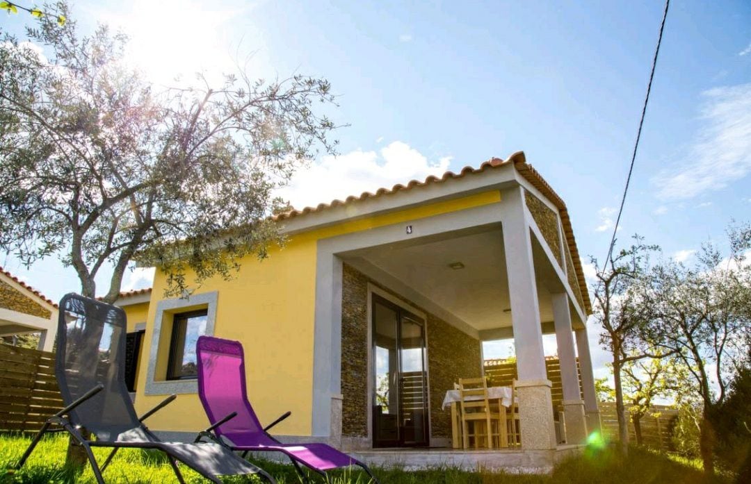A single-story house features a welcoming yellow façade with stone accents. Outdoor seating is provided under a shaded porch, surrounded by greenery. Colorful loungers are placed on the lawn, inviting relaxation in a calm environment. Sunlight filters through nearby olive trees, enhancing the serene setting.