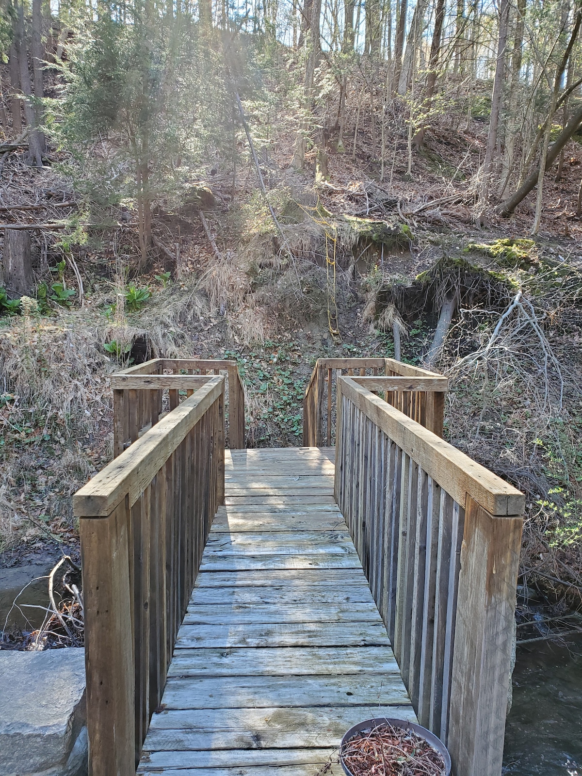 A wooden bridge spans a small brook, surrounded by trees and natural vegetation. Sunlight filters through the foliage above, casting gentle illumination on the path ahead. The bridge offers a serene view of the wooded landscape, perfect for a peaceful retreat in nature.