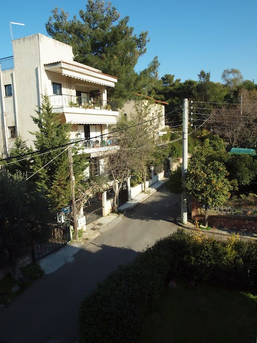 the street that leads to the park as viewed from balcony