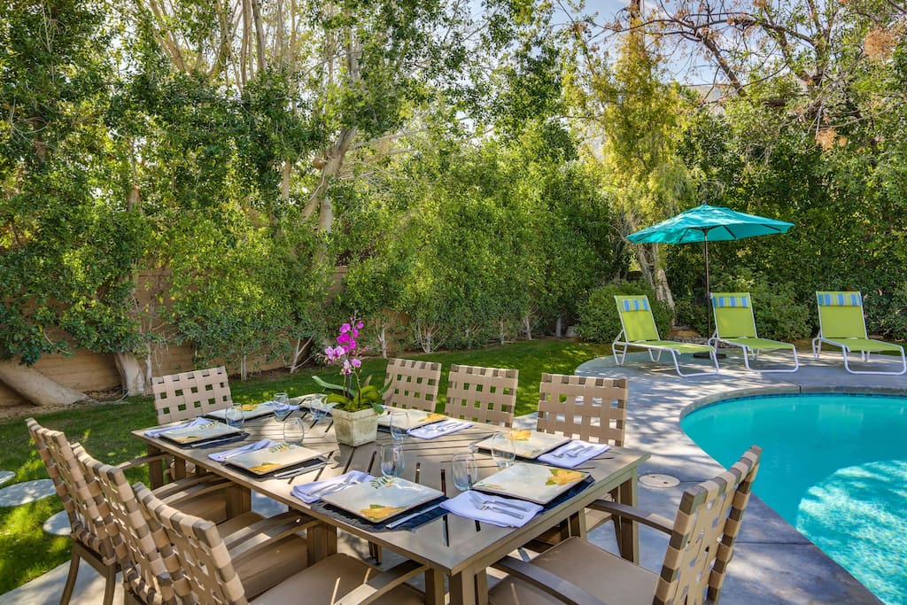 Ours is a most private backyard. There are lounge 6 lounge chairs, a dining table and comfortable outdoor furniture.