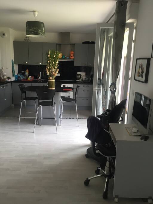 Piece à vivre de 30m2 avec cuisine moderne toute équipée (lave-linge, lave-vaisselle...)