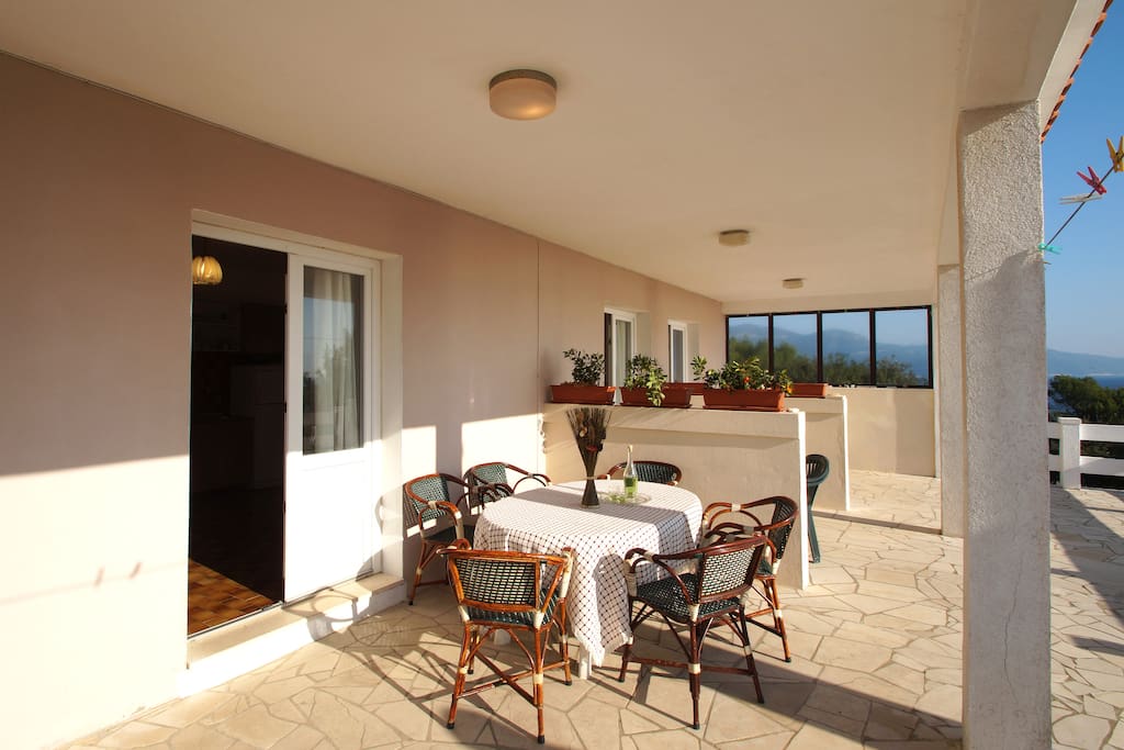 Terrace in front of apartments.