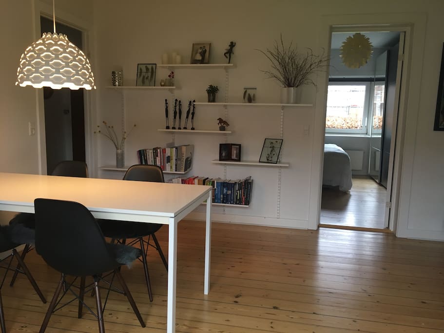 On the picture you see the living room. It is decorated with creative pictures made of my talented girlfriend, things from different journeys, and books of different interests.