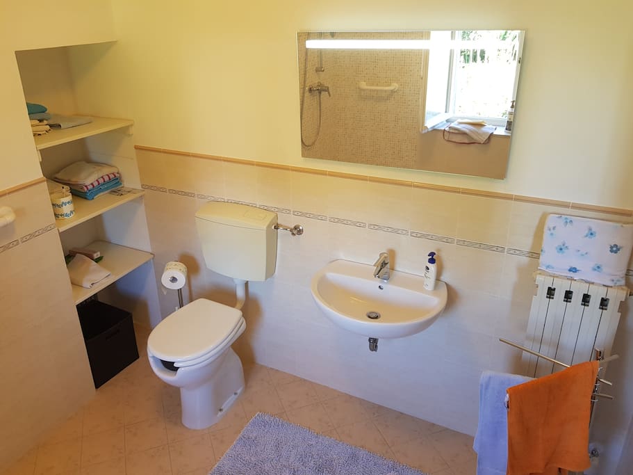 Il bagno nuovo, ristrutturato, dotato di wc, doccia e bidet