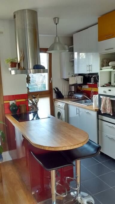 La cuisine est ouverte sur le salon, vous pouvez disposer de tous les équipements, et même faire une lessive!