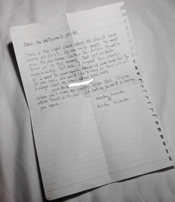 Appreciation letter from lovely guest.