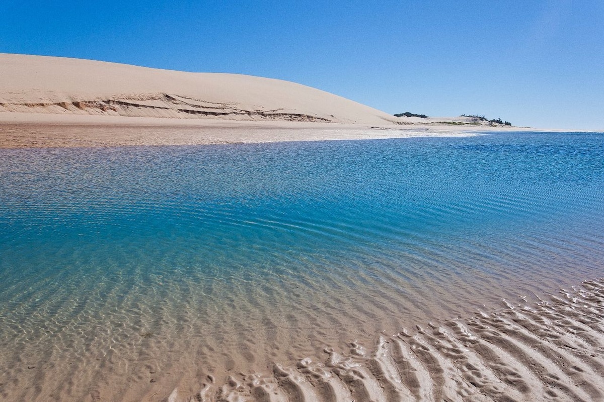 A serene coastal scene is captured, featuring a calm body of water reflecting a clear blue sky. Gently rippling sand patterns are visible along the shoreline, with rolling dunes rising in the background, creating a natural and peaceful landscape.