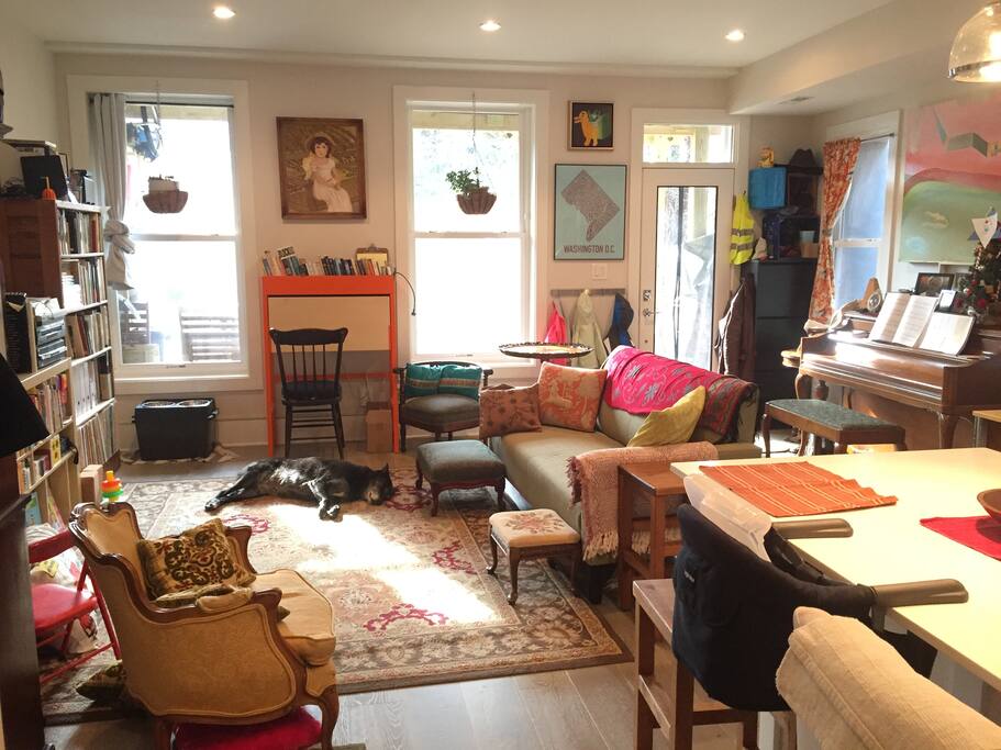 Piano great for musicians (dog not included for dog-lovers, however). We have a full-sized air-mattress that fits here if needed.