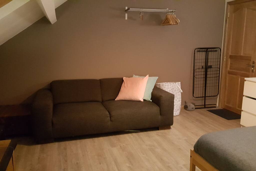 The guest bedroom has a sofa and tv with International channels and Netflix.
