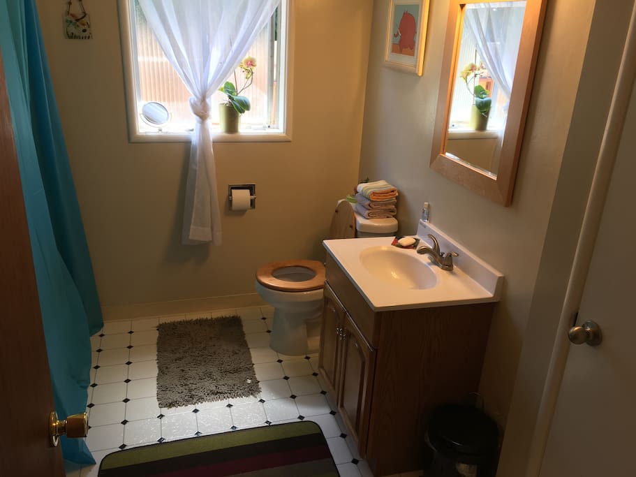 Clean bathroom with all the essentials.