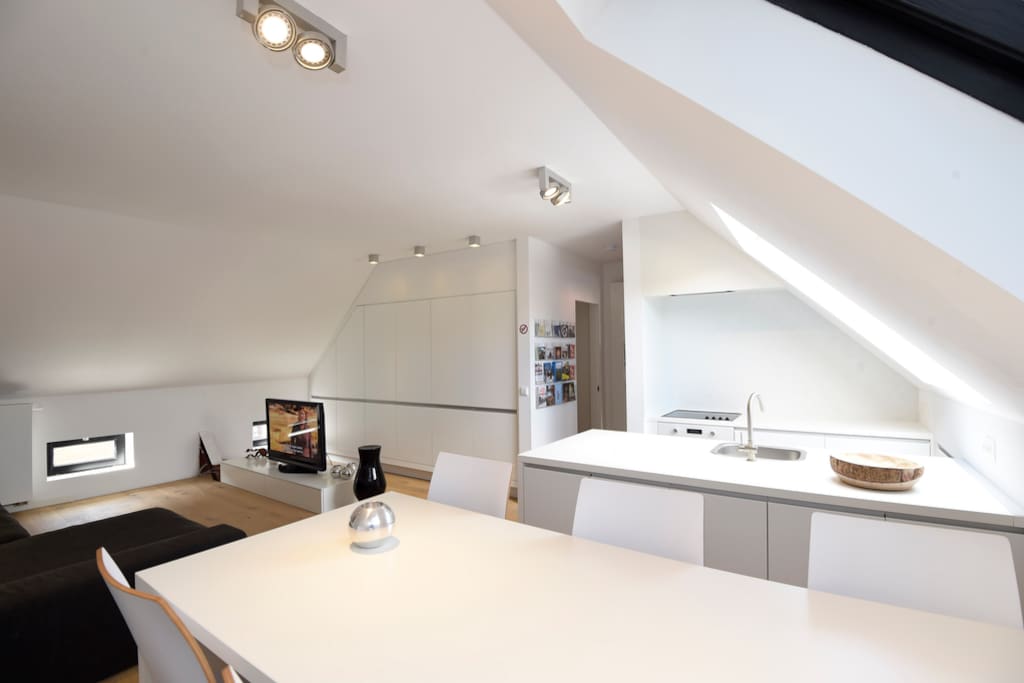 Large dining table. Spacious kitchen workspace.
