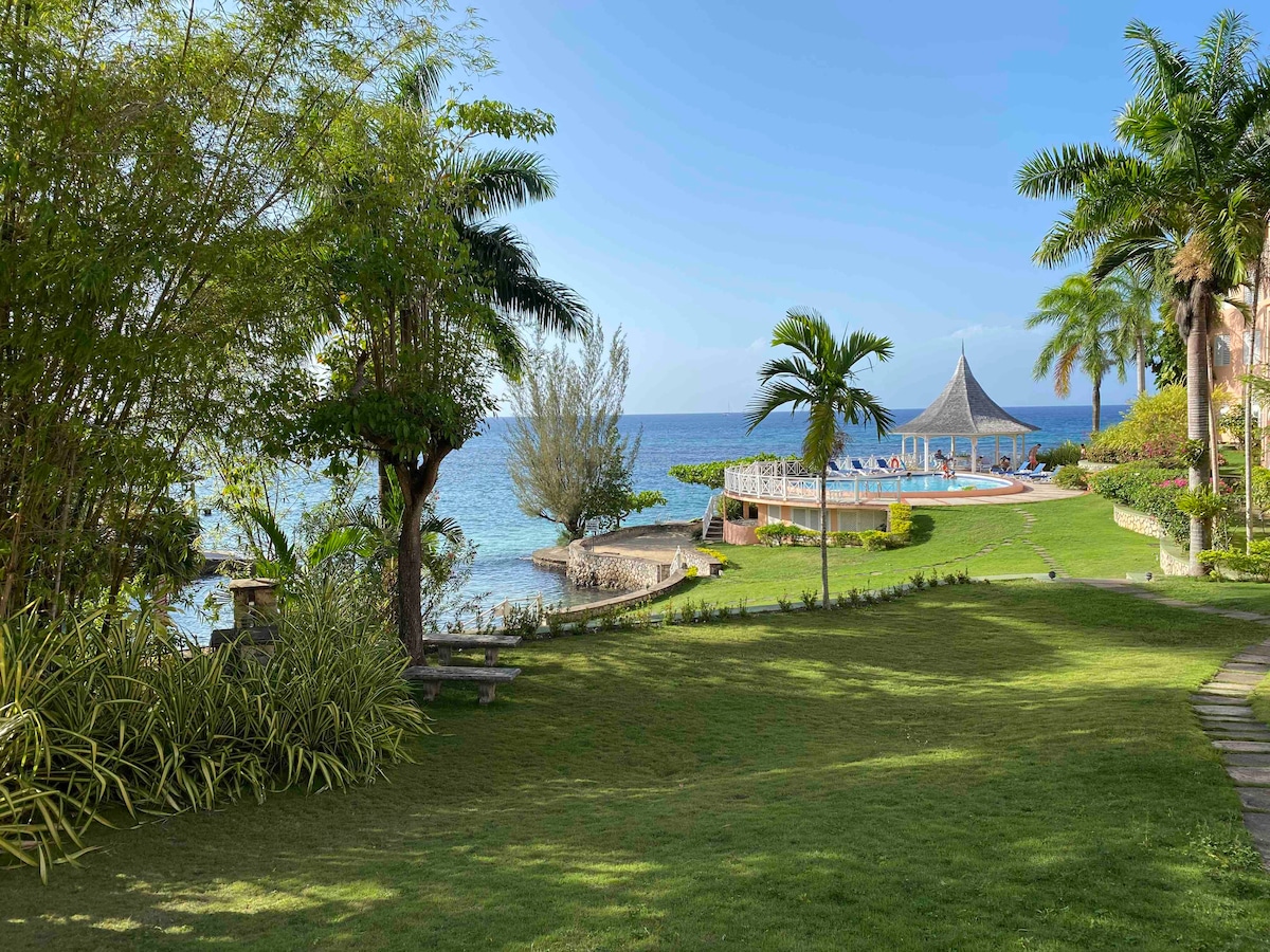 A serene waterfront scene showcases manicured lawns leading to the sea. Lush greenery, including palm trees and shrubs, frames a circular pool area, while a gazebo stands in the distance. The calm waters reflect the clear blue sky, enhancing the tranquil ambiance.