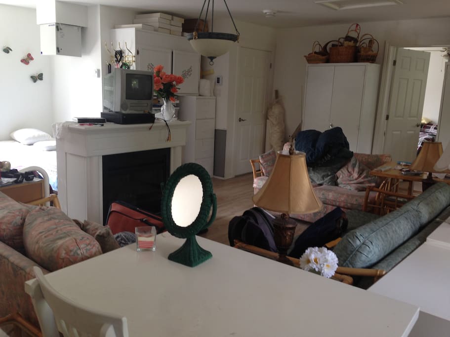 Very large Studio room with sitting area (including double day bed),sofas, TV, fireplace, twin beds, fridge & sink, large windows (room for extra air mattresses on floor area if needed)