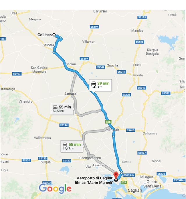 Percorso dall'aeroporto di Cagliari a Collinas