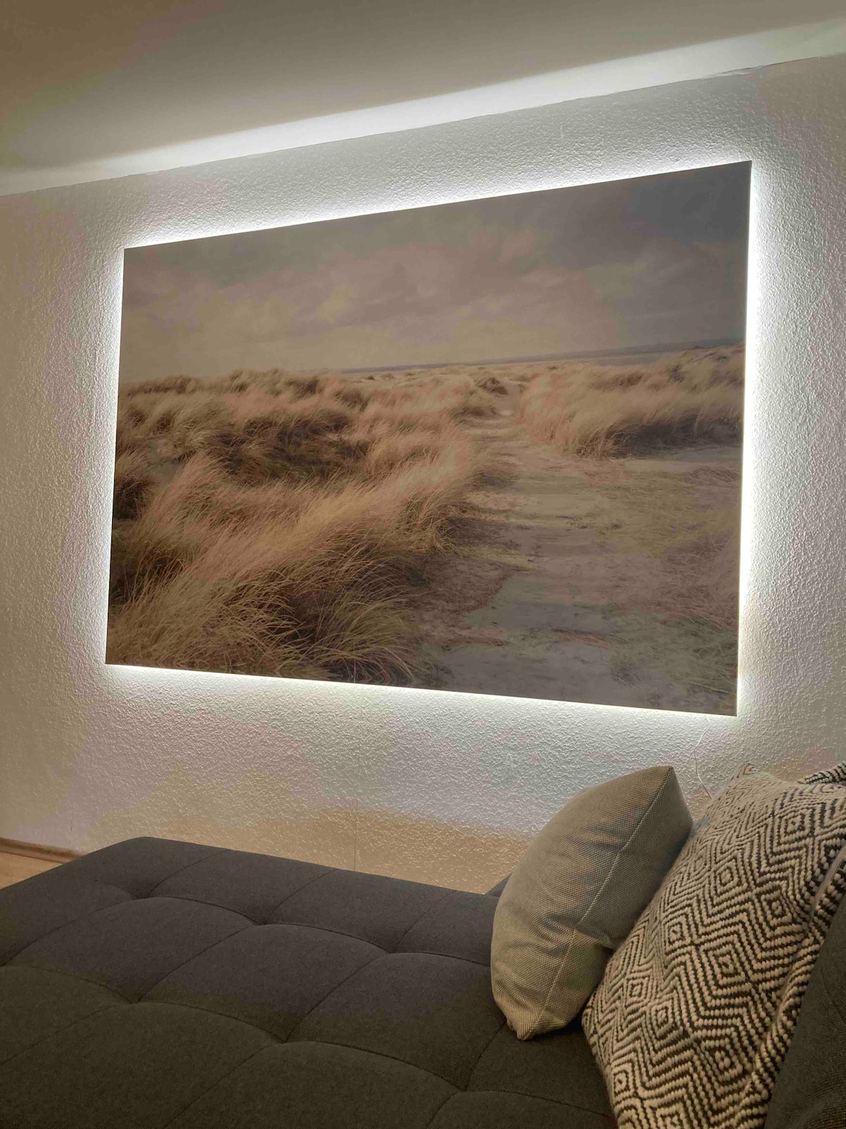 A large photo depicting a pathway through tall grass leads to the shoreline, softly illuminated by backlighting. The scene evokes a sense of tranquility, while a textured cushion and a geometric-patterned pillow are positioned on a dark sofa nearby.