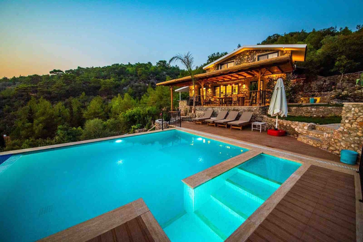 A spacious outdoor area is highlighted by an inviting swimming pool with illuminated water. Comfortable lounge chairs are arranged near the water, complemented by a large umbrella. The villa's wooden structure is set against a lush green hillside, showcasing a serene natural environment.
