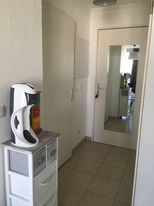 Entrée avec grand miroir. Salle de bains à gauche. WC à droite