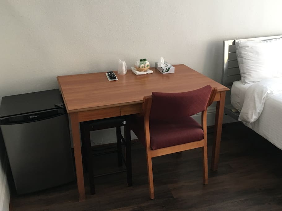 Desk and chair with fridge