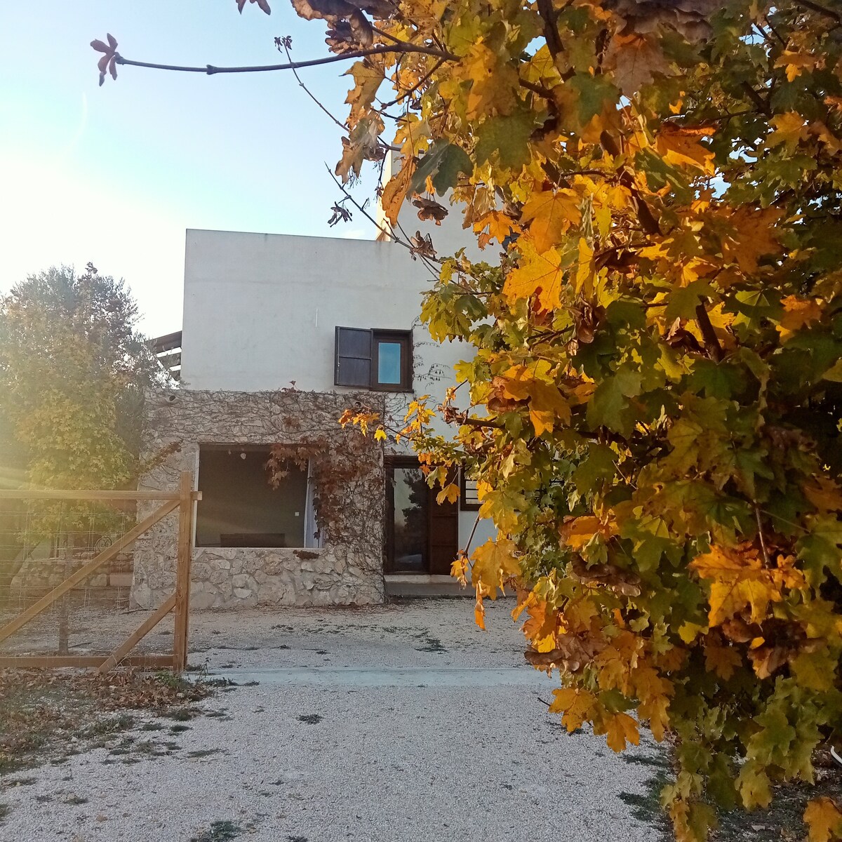 The exterior of the house is depicted, showcasing a two-story structure with a combination of stone and smooth walls. A few dark windows provide natural light to the interior. Vibrant autumn leaves frame the view, creating a warm and inviting entrance.