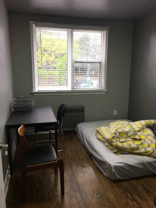 Desk with chair, large window, Thick eurotop double mattress
