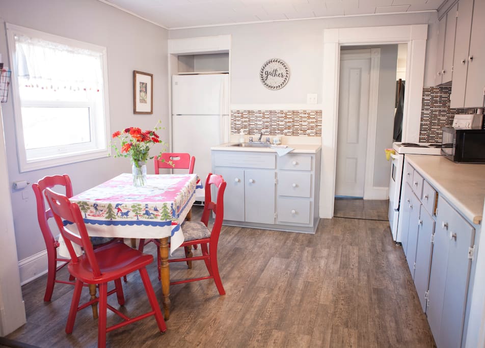 The kitchen is open to the living area. Has everything needed to prepare meals or walking distance to many dine in or take out restaurants.