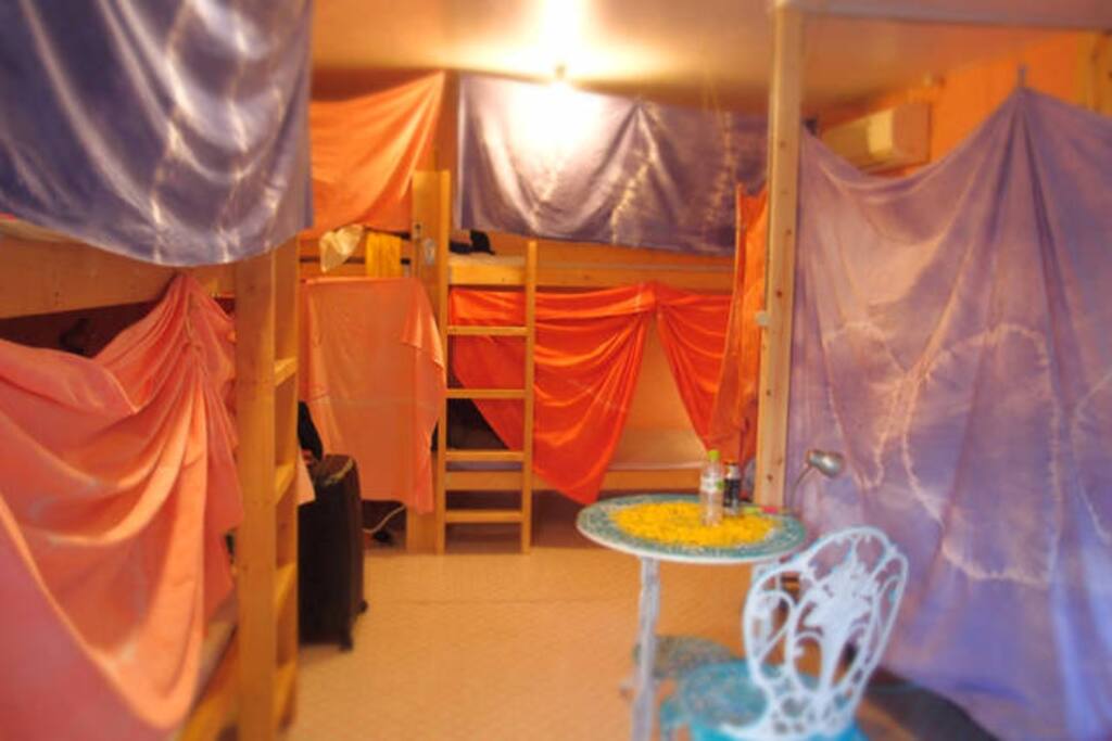 Each bed has the curtain to keep privacy.
Shared bed room. 3 bunk beds are there.