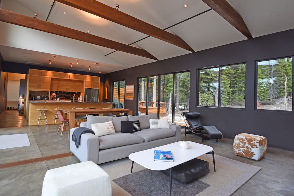 Open and spacious living room, dining area and kitchen