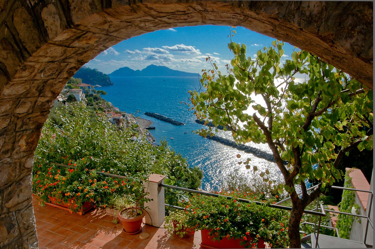 A view is framed by a stone arch, showcasing vibrant greenery and terracotta pots with flowers. The shimmering sea reflects sunlight, while distant hills provide a scenic backdrop. A shoreline with boats can be observed, enhancing the coastal atmosphere.