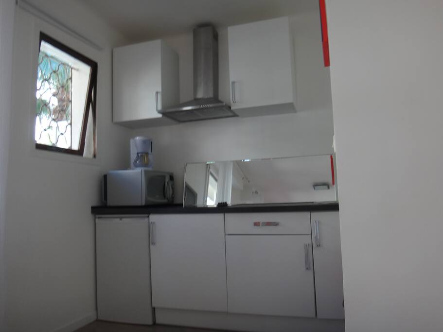 Cuisine équipée de plaques vitro et hotte, four combiné et frigo