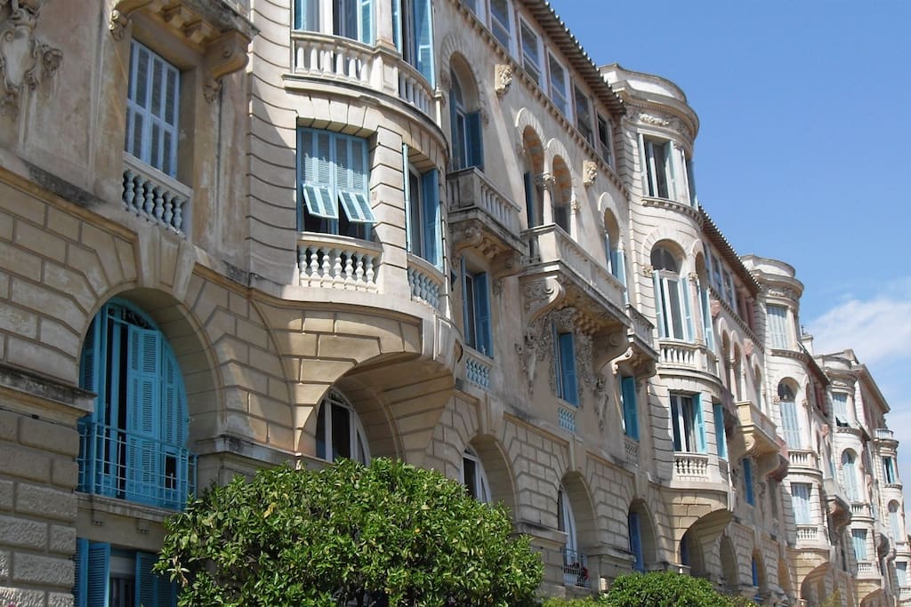 The Riviera Palace colossal, majestic Belle-Epoch architecture with its gargoyles - overlooking the mediterranean.