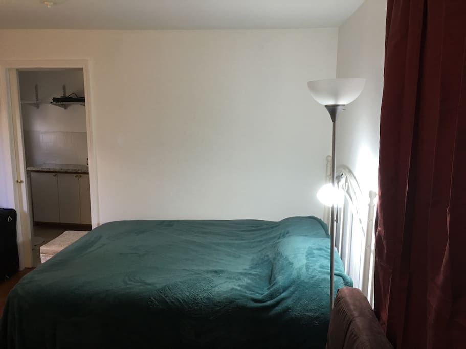 Cozy and comfortable studio with a separate basic kitchen area and bathroom.