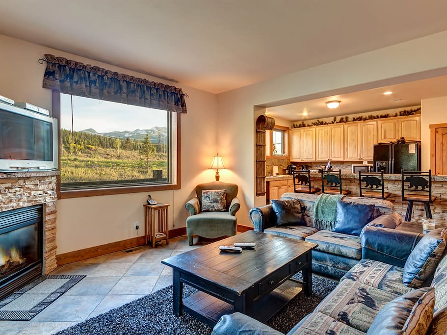 Left unit: kitchen, living room, dining room.