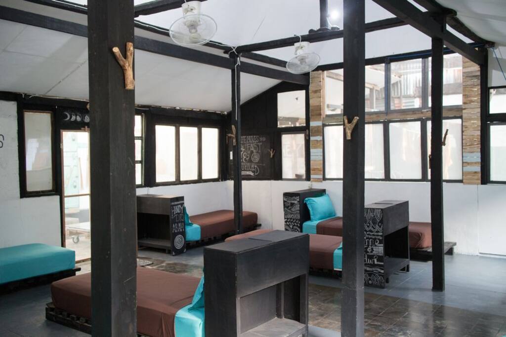 The spacious 8 beds mixed dormitory. Fan only. Price for 1 bed only.
