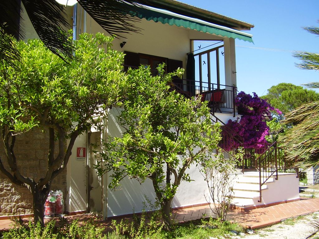 A secluded entrance leading to the first floor is framed by lush greenery and vibrant flowering plants. A staircase ascends to the terrace above, where seating and a welcoming setup invite relaxation. The blue awning provides shade and enhances the tranquil environment.