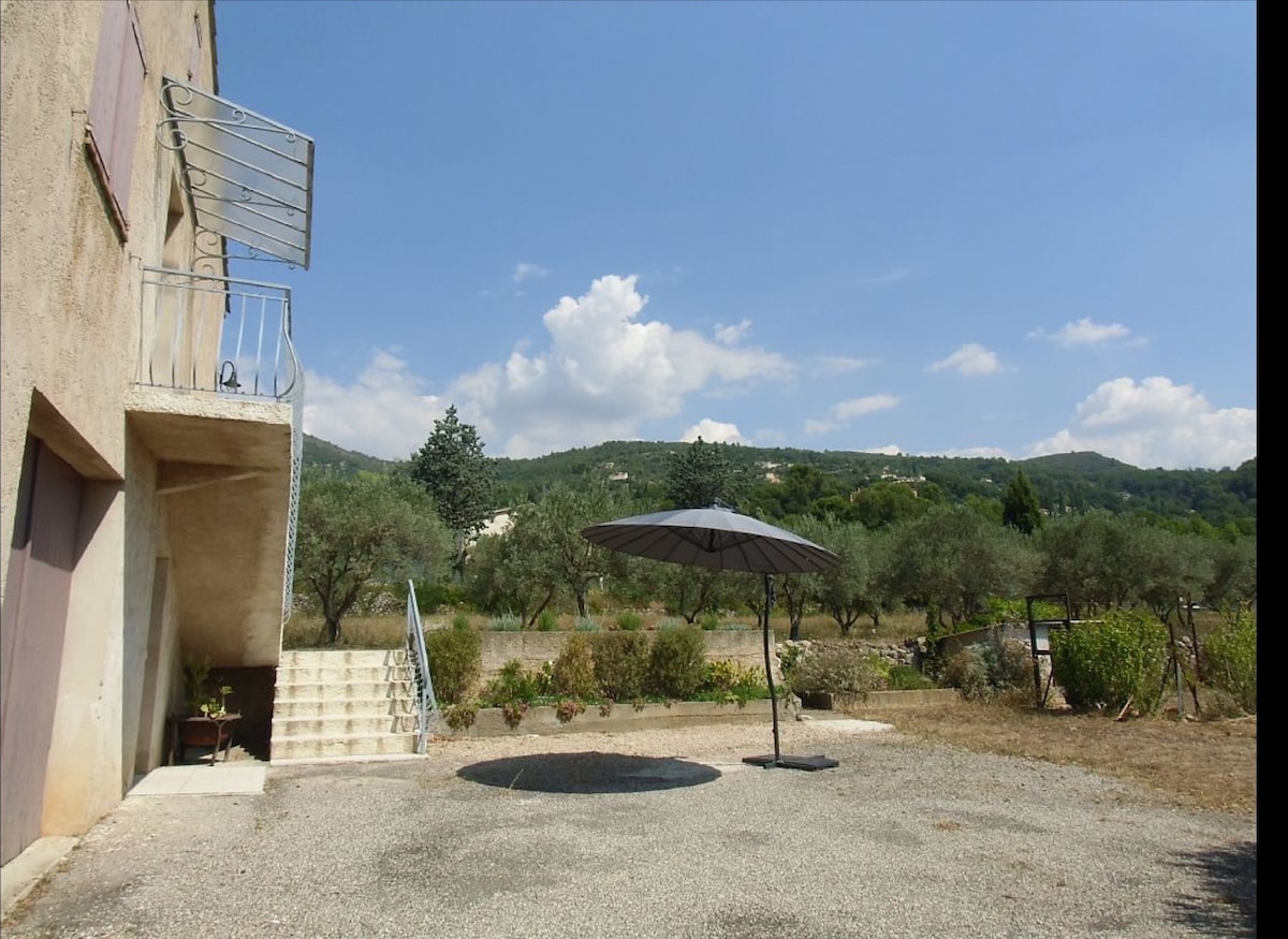 An outdoor space is visible, featuring a sturdy umbrella over a circular area, surrounded by a gravel surface. Steps lead up to the house, which has a balcony and overlooks a landscape dotted with olive trees and distant hills under a partly cloudy sky.