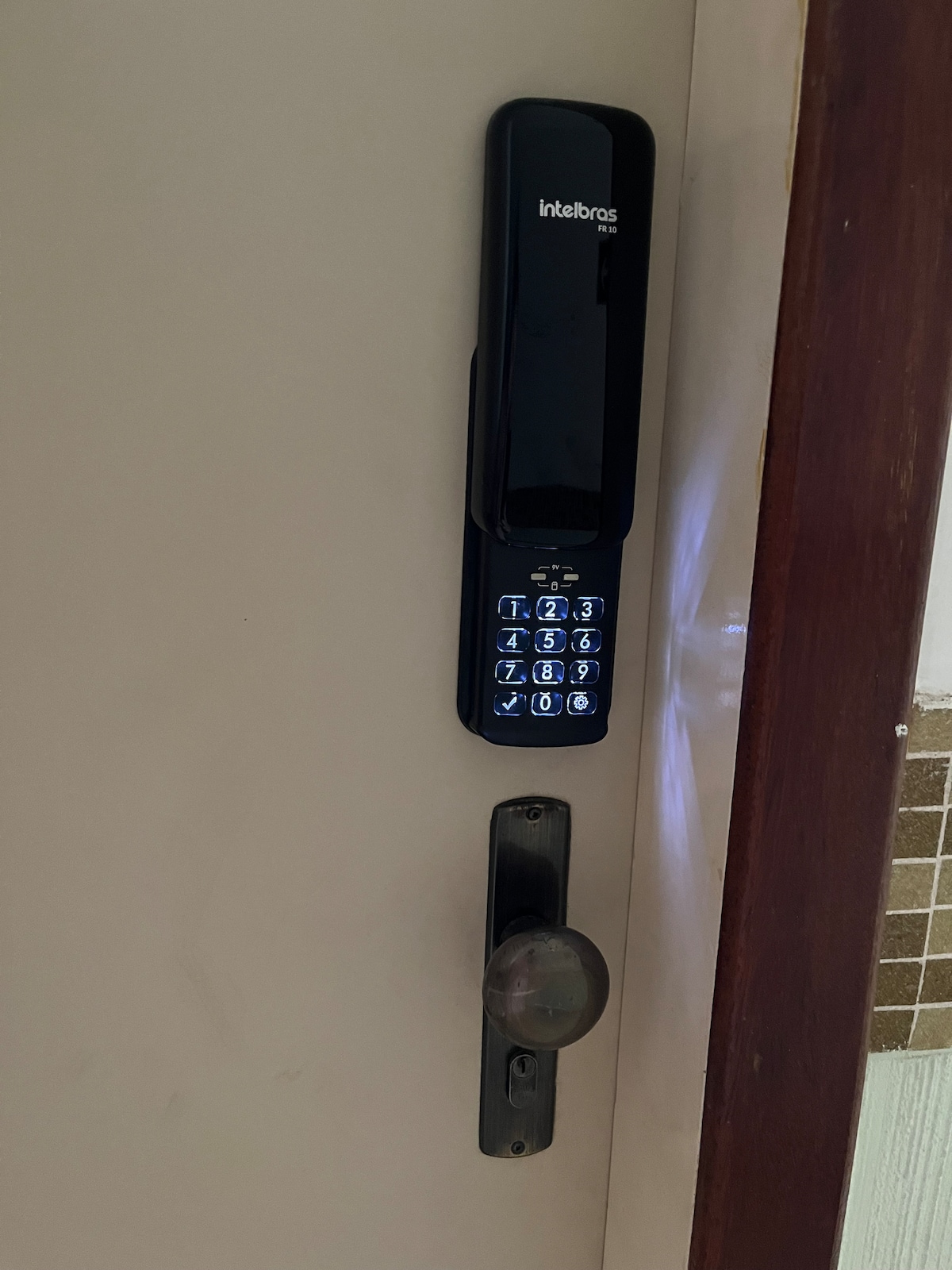 The image displays a modern electronic lock installed on a door. The keypad features illuminated numbers for easy access, and a sleek black design complements the overall door. A traditional door handle is visible, providing a contrast to the electronic feature.