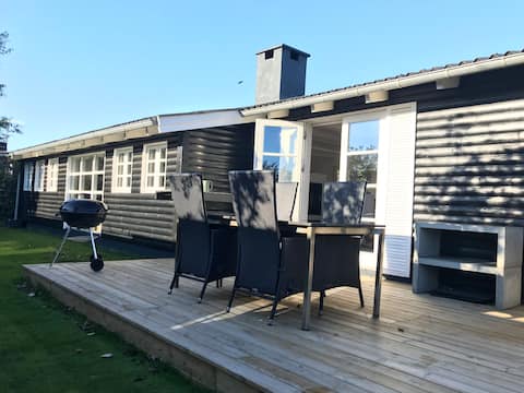 Wooden house with wood-burning stove, exercise rack and trampoline