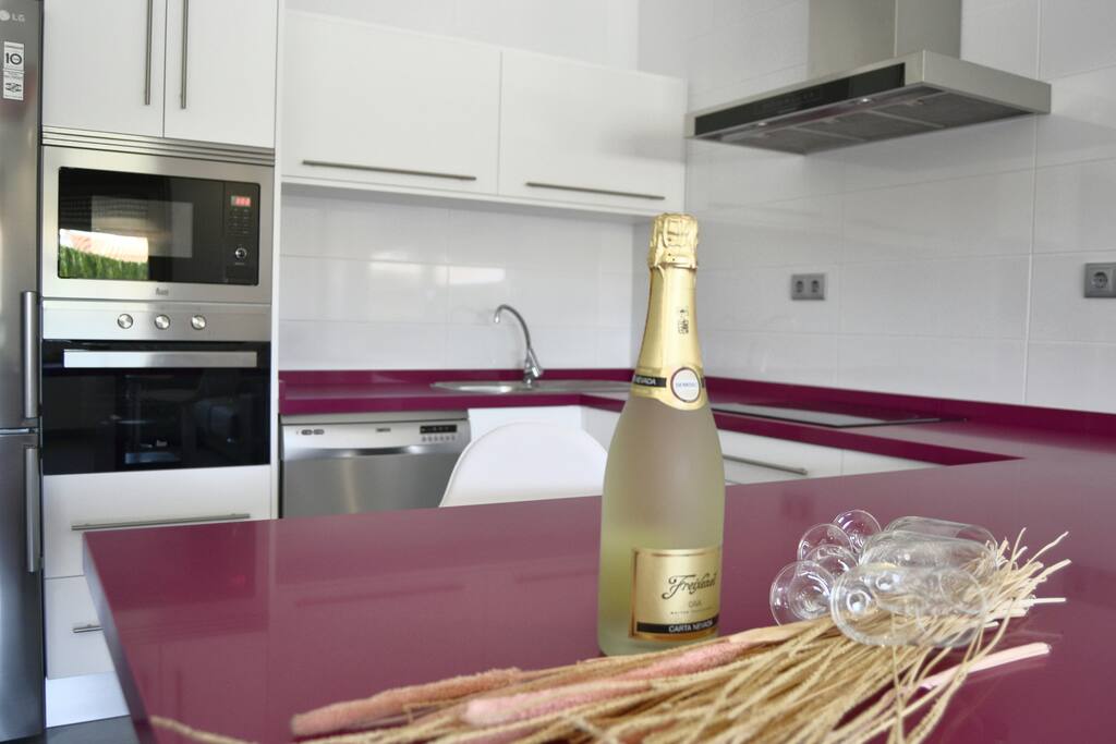 Cocina americana totalmente equipada con electrodomésticos de primeras marcas, sofá sherlock y televisor smart TV con conexión a Internet.